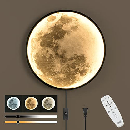 QIYIMEILUX Dimmable Moon Wall Sconce Plug in Modern LED Wall Light with Remote Control 19.7 inch 24W Black Wall Lamp Indoor Wall Mounted Lighting Ceiling Light for Living Room Bedroom（Moon） - color: 19.7in Moon Black