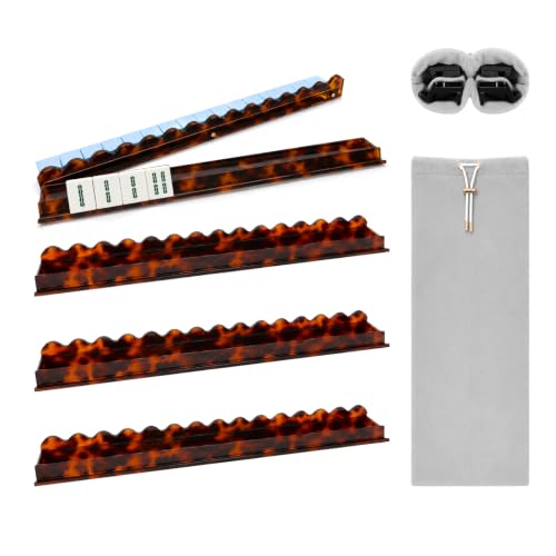 17.5 Inch Mahjong Racks with Magnetic Pushers, Tortoise Shell | Four-player acrylic set includes four racks, magnetic pushers and a divided storage bag for organized American mahjong play.