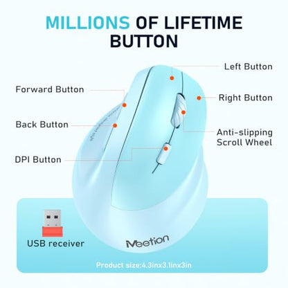 MEETION Ergonomic Wireless Vertical Mouse, Rechargeable, Blue | Bluetooth 5.2 + 3.0 and USB connectivity, RGB backlight, 4 DPI adjustment, compatible with Windows, Mac, Android, PC and iPad - color: Right Blue