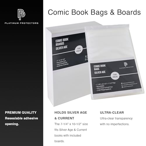 Platinum Protectors Comic Book Bags & Boards for Silver Age, Current/Modern (200-Count) Premium Resealable Poly Bag Sleeves - Adhesive Now on The Back of The Bag