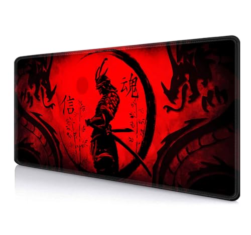 IMAYONDIA Japanese Samurai Large Gaming Mouse Pad for Laptop, Cool Anime Red Black Dragon Desk Mats, Computer Pad Desktop Mat for Gaming Player Office Extra Large Mousepad, 35.4x15.7 in - color: Japanese Samurai