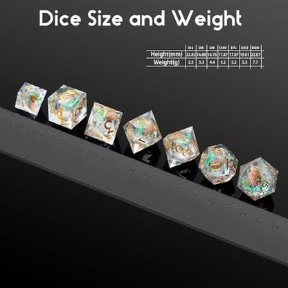 DNDND Green Dragon Dice with Golden Numbers | Liquid Core 7-Piece Sharp Edge D&D Dice Set | Dragon Themed Collectible Metal Case | RPG Tabletop Gaming Gift - color: Liquid Dragon Green