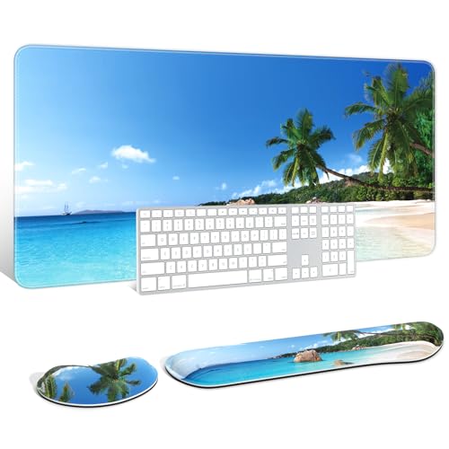 Auhoahsil Large Mouse Pad with Wrist Rests for Keyboard & Mouse, Thick Soft Ergonomic Memory Foam Wrist Supports, Big & Long Desk Mat 35.5 x 15.7 in, for Office Gaming Computer, Beach and Trees - color: Beach and Coconut Trees