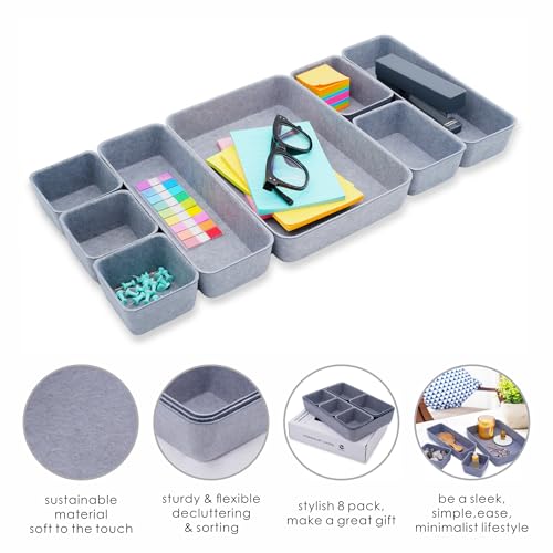 Welaxy Minimalist 8pc Felt Desk Drawer Organizer Glacier Gray Bins - color: Glacier Gray