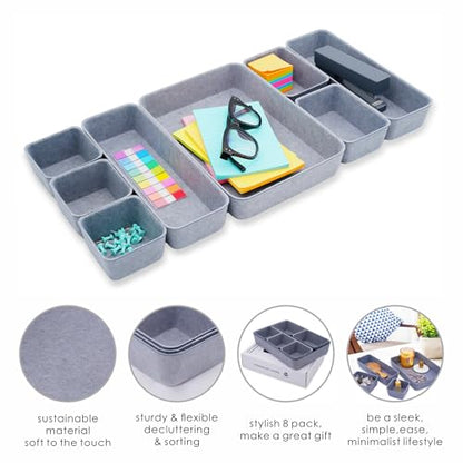 Welaxy Minimalist 8pc Felt Desk Drawer Organizer Glacier Gray Bins - color: Glacier Gray