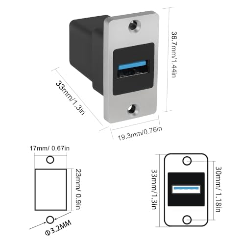 QIANRENON 5Gbps USB3.0 Rectangular Metal Panel Adapter USB3.0 Female to Female Panel Mount Connector USB 3.0 Mounting Socket Data Module 5V/0.5A Charging, Mounting on Panel Desktop Wall Floor Plug