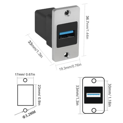 QIANRENON 5Gbps USB3.0 Rectangular Metal Panel Adapter USB3.0 Female to Female Panel Mount Connector USB 3.0 Mounting Socket Data Module 5V/0.5A Charging, Mounting on Panel Desktop Wall Floor Plug
