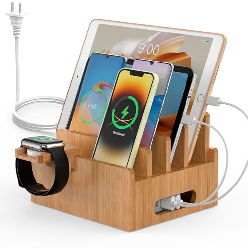 Pezin & Hulin Bamboo Charging Stations, Cell Phone Organizer for Multiple Devices, Tablets, Smart Watch, Included 5 Port USB Charger, Pack 5 Cables - color: Dock Rack +HUB +Cables