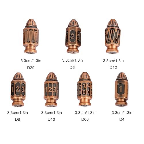 UDIXI Metal DND Bullet Dice Set, 7PCS D&D Metal Polyhedral Dice Set Copper | Cool Design, Magazines Container and PU Leather Bag, for Dungeons and Dragons Role Playing Games and Tabletop Games RPG - color: Ancient Copper