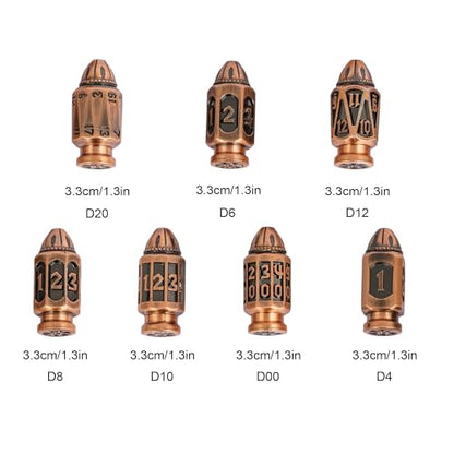 UDIXI Metal DND Bullet Dice Set, 7PCS D&D Metal Polyhedral Dice Set Copper | Cool Design, Magazines Container and PU Leather Bag, for Dungeons and Dragons Role Playing Games and Tabletop Games RPG - color: Ancient Copper