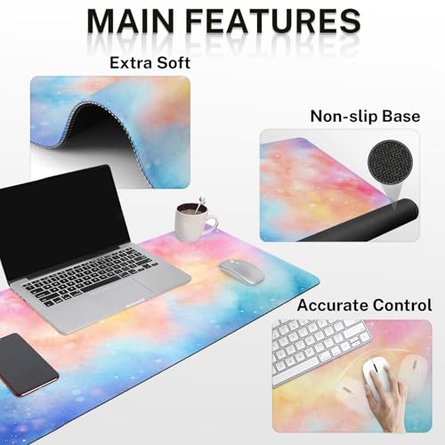 Arttown Keyboard Mouse Pad Set, 4 in 1 Desk Mat Set Iridescent Cloud | Starry Colorful Cute Large Mousepad+Keyboard Wrist Rest+Mouse Wrist Rest+Coaster Ergonomic Design for Home Office Computer - color: Iridescent Cloud