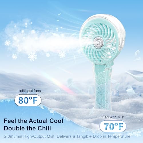 HandFan Upgraded Portable Handheld Misting Fan, Rechargeable Personal Mister Fan, Spray Water Mist Fans, Foldable Electric Mini Cooling Fans for Beach Travel Disney Makeup(Light Blue) - color: Light Blue, style: HF318C