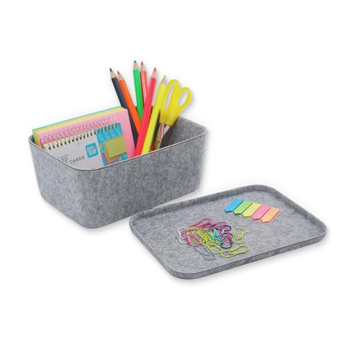 Welaxy Lidded office desk drawer organizer bins Deep draw organiser Felt storage box with lids for office supplies makeup jewelery decluttering fall gift (Gray) - color: Gray