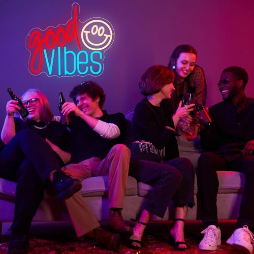 Good Vibes Neon Sign, Smile Face LED Neon Light for Wall Decor Good Vibes Light Up Lamp for Bedroom Dorm Game Room Wall Art Party Decorations Gift USB Powered(14.2"*11.8") - style: Good Vibes