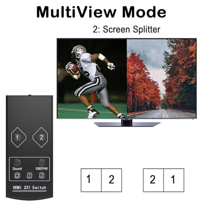 KAGO 4K HDMI Multi-Viewer 2x1 Switcher with PIP | Side-by-Side Dual Display, 4K@30Hz, IR Remote & Audio Control, Metal Casing - size: MV 1 x 2