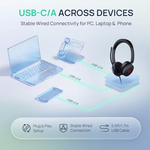 Yealink UH48 ANC Wired USB-C/A Headset, 6 AI Noise-Canceling Microphones | Teams/Zoom Certified, Stereo Headphones,Plug & Play for PC/Laptop/Phone, Hybrid Work & Home Office, Dynamic EQ, Call Control - color: USB-C/A (UC)