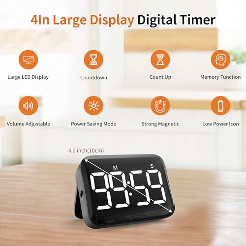 VOCOO Magnetic Kitchen Timer for Cooking with Count Up Countdown, Digital Timer Battery Powered with Large Display, 2 Brightness and Volume Levels for Classroom, Teacher, Kids (Dark Black) - color: Dark Black
