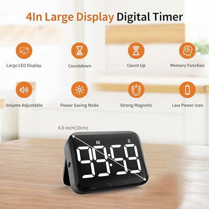 VOCOO Magnetic Kitchen Timer for Cooking with Count Up Countdown, Digital Timer Battery Powered with Large Display, 2 Brightness and Volume Levels for Classroom, Teacher, Kids (Dark Black) - color: Dark Black