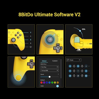 8Bitdo Ultimate 2 Bluetooth Controller for Switch 1/2, Windows PC | TMR Joysticks,Tactile/Hall Triggers,Programmable L4/R4 Bumpers,2 Back Paddle Buttons,RGB Ring,Yellow