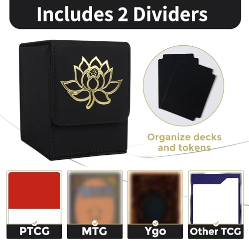 Card Deck Box with 2 Dividers, MTG Commander Deck Box Holds 100+ Double-Sleeved Cards, Leather Magnetic Deck Case Compatible with Magic TCG CCG Cards, Golden Lotus - color: 4. White&Lotus01&HS-Golden, size: 100 Double-sleeved Cards Vertical