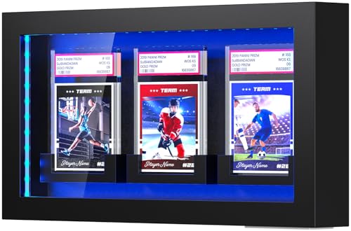 TJ.MOREE 3 Slot LED Lighted Baseball Graded Card Display Case, Black Wood | Fits Football, Basketball & Hockey Trading Card Collection - size: 3 Cards