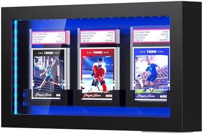 TJ.MOREE 3 Slot LED Lighted Baseball Graded Card Display Case, Black Wood | Fits Football, Basketball & Hockey Trading Card Collection - size: 3 Cards