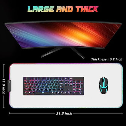 ITNRSIIET RGB Gaming Mouse Pad, Full Desk XL Extended Large Gaming Mousepad, 12 Lighting Modes 30% Thicker Big LED Desk Mat for Gamers, 32 x 12 inches, White - color: White