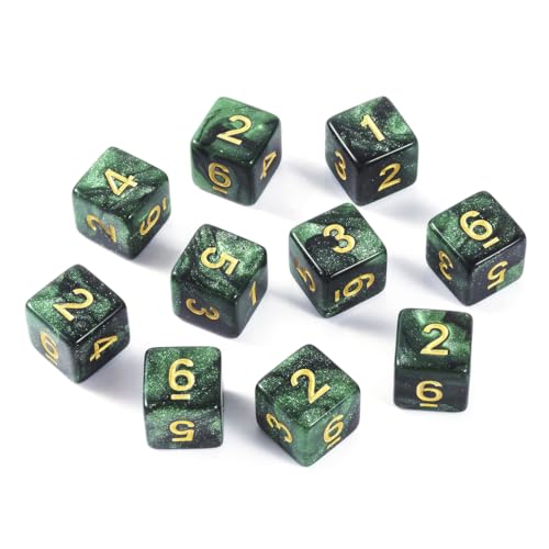 10 Pieces Polyhedral Dice Set D6 Dice 16mm Acrylic 6 Sided Dice Game Dice for Dungeons and Dragons RPG MTG DND Dice Table Games (Starry Green Black) - color: Starry Green Black