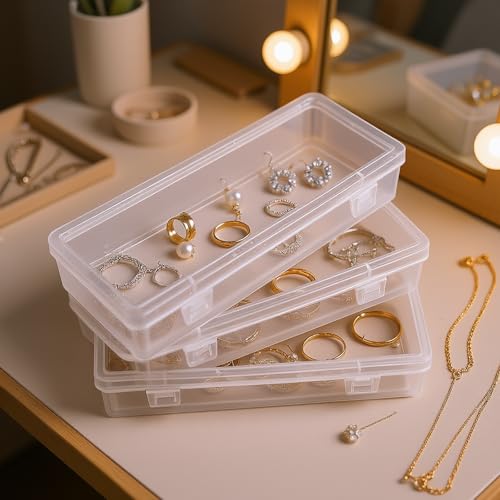 8 Pieces Rectangular Empty Mini Clear Plastic Organizer Box | 6.5 x 2.56 x 1.38 Inch, Hinged Lids, For Small Items, Craft Projects - size: 165 x 65 x 35 mm