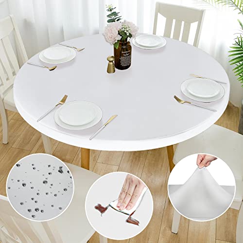 Double Fitted Design PU Round Fitted Tablecloth, Anti-Tear Wipeable Elastic Round Tablecloth, Soft-Touch Fitted Table Cloth, Waterproof Oil-Proof Table Cover (White, 45"-48" Round) - color: White, size: 47" (Round)