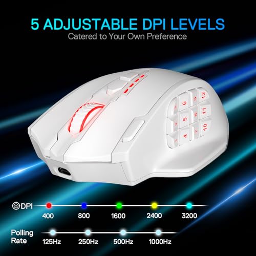 Redragon M913 MAX Wireless MMO Gaming Mouse 26000 DPI Remapping Keys | Cable-Free 0 Delay, Dedicated for FPS Gamers, Redefine Keybinding Macro, Vibing Backlight, Ergonomic Grip Body Comfort - color: White, style: Wireless M913 Max