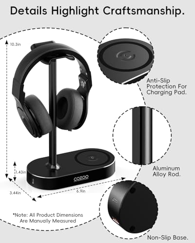 COZOO Headphone Stand with Fast Wireless Charging Pad and 2 USB Charging Ports, Suitable for Gaming, DJ, Wireless Earphone Accessories - color: Black