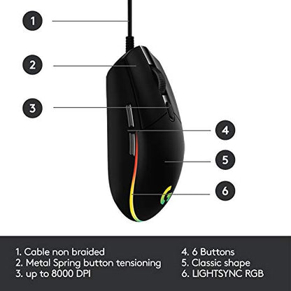 Logitech G G102 2nd Gen Light Sync Gaming Mouse, Wired, 8000 DPI, 6 Programmable Buttons, RGB, Black - color: Black