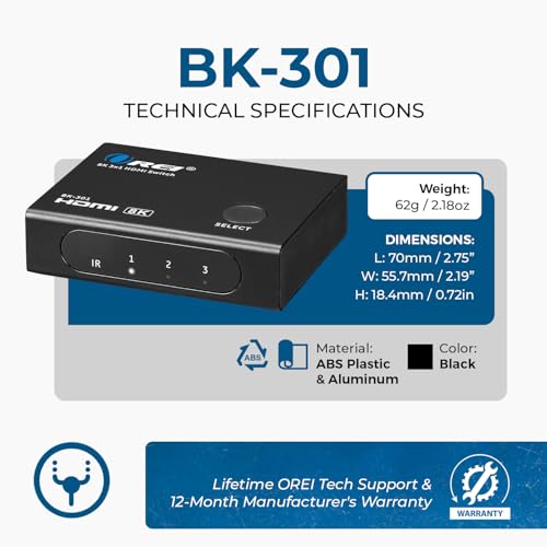 OREI 8K 3-Port HDMI 2.1 Switch, 3-in 1-Out, 8K@60Hz, CEC, HDR, IR Remote | hdmi switch with remote, hdmi switcher 3 in 1 out, 48Gbps, HDCP 2.3, 4K@120Hz/165Hz, PS5/Xbox - size: 3x1 8K HDMI Switch