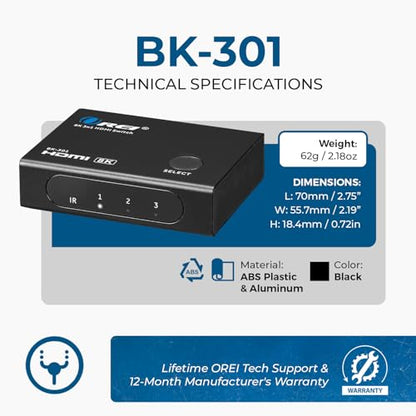 OREI 8K 3-Port HDMI 2.1 Switch, 3-in 1-Out, 8K@60Hz, CEC, HDR, IR Remote | hdmi switch with remote, hdmi switcher 3 in 1 out, 48Gbps, HDCP 2.3, 4K@120Hz/165Hz, PS5/Xbox - size: 3x1 8K HDMI Switch