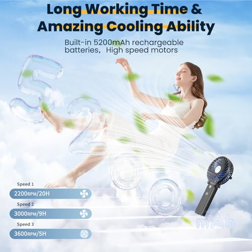 HandFan 5200mAh Portable Handheld Fan Rechargeable - 3 Speeds Foldable Personal Cooling, 2-IN-1 Hand Held Fan Battery Operated, 20H Runtime for Disney/Travel/Summer/Concerts/Women (Black&Blue) - color: Blue‑Blade Matte Black