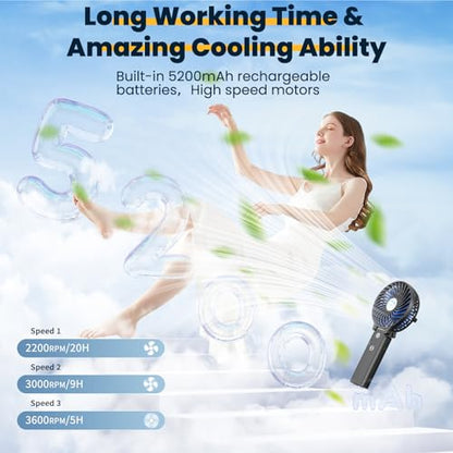HandFan 5200mAh Portable Handheld Fan Rechargeable - 3 Speeds Foldable Personal Cooling, 2-IN-1 Hand Held Fan Battery Operated, 20H Runtime for Disney/Travel/Summer/Concerts/Women (Black&Blue) - color: Blue‑Blade Matte Black