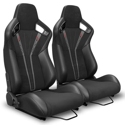 2 Pcs Adjustable Universal Racing Seats with Double Sliders, Reclinable Bucket Seats Suede, 1 Pair of Sport Seats for Vehicles (Black-T) - color: Black-T