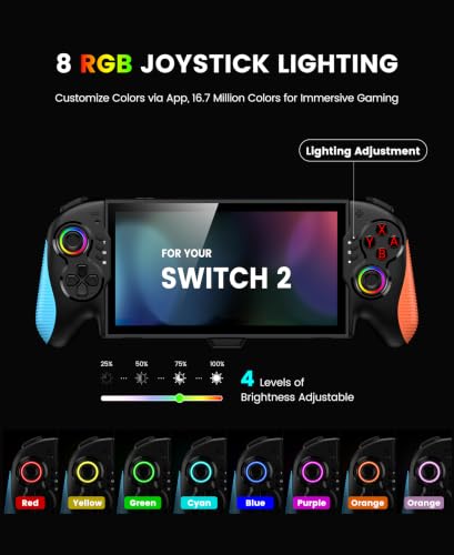 Gammeefy JC700 Switch 2 Controller, Handheld Controller with Ergonomic Grip | Hall Effect Joystick, 8-Color RGB Lighting, Wired Connection | No Latency, Macros, Turbo, 6 Game Slots