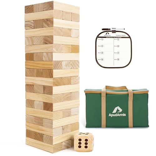ApudArmis Giant Tumble Tower, 54 PCS Pine Stacking Outdoor Game 4.2FT | Pine wood, smooth & lightweight. Anti-crack. Includes dice & bag. Perfect beach & backyard stacking game for teens and family - color: Burlywood, size: L-4.2FT