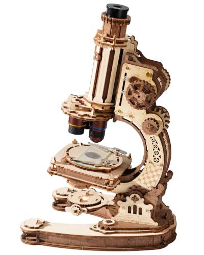 ROKR Wooden 3D Puzzle Building Kit, Real Optical Microscope with 40X-400X Magnification, STEM Science Toy for Students and Adults(ST005)