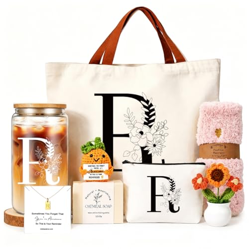 DHQH Birthday Gifts for Women, Monogrammed Gifts Box Included 16 oz Initial Glass Drinking Cup,Canvas Tote Bag，Personalized Iced Coffee Tumbler Gift for Women Her Mom Teacher Friends Sister，R - color: letter-cup-r