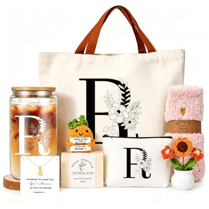 DHQH Birthday Gifts for Women, Monogrammed Gifts Box Included 16 oz Initial Glass Drinking Cup,Canvas Tote Bag，Personalized Iced Coffee Tumbler Gift for Women Her Mom Teacher Friends Sister，R - color: letter-cup-r