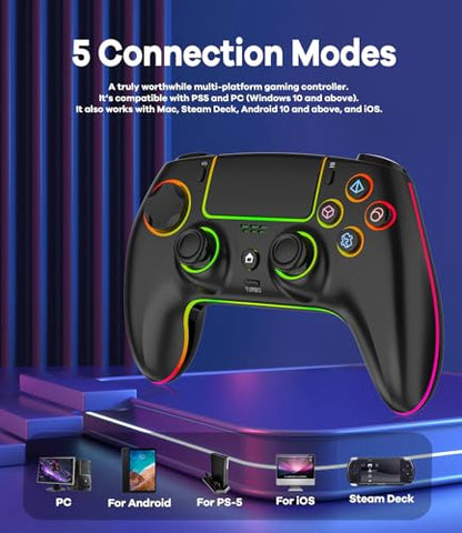 GlowPlayX Wireless Gaming Controller for PS5/Mac/Steam Deck/PC | Gamepad with 7 RGB Lighting, Hall Effect Joystick & Trigger, 6-Axis Motion Control, Dual Vibration, Turbo, 1500 mAh Battery - color: Black