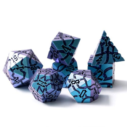 Metal Dice for DND - Ancient Cracked – Blue Shift Purple Glitter Cracks | Beautiful 7pc Polyhedral Dice Set, Smooth Rolling, Role Playing Games (RPG), Compatible with D&D, for Dungeons and Dragons - color: Blue Purple With Purple Glitter