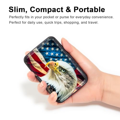 Credit Card Holder Small RFID Blocking Wallet Business Metal Slim Mini Aluminum Hard Case for Women Men - color: American Flag Bald Eagle