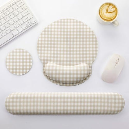 Tellegloww Wrist Rest Support for Mouse Pad&Keyboard Set, Khaki Gingham Checkered Circle Curved Ergonomic Mousepad&Coaster Non-Slip Base Design for Office Home Laptop Desktop Computer Keyboard - color: Khaki