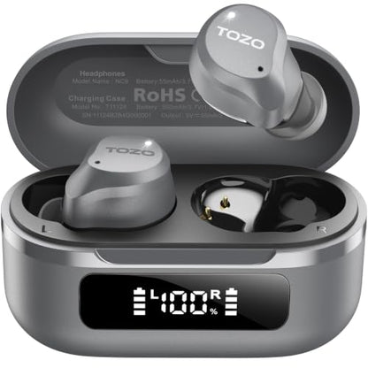 TOZO NC9 Hybrid Active Noise Cancelling Wireless Earbuds, 60H, LED Display | 6 Mic ENC Clear Calls, Deep Bass Sound, IPX8 Waterproof, in Ear Bluetooth 5.3 Headphones,32 EQs via APP, Comfort Fit Ear Buds - color: Gray