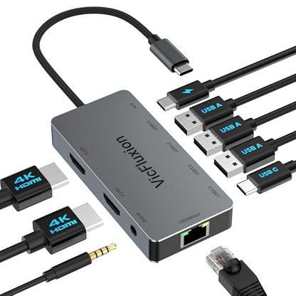 USB C Docking Station Dual Monitor for Laptop, 9-in-1 USB Hub with 2 HDMI | 4K@60Hz, Gigabit Ethernet, 3*USB 3.0, 1*USB C, PD 100W, 3.5mm Audio, USB C Dock for Laptop/Computer/Tablets/Windows