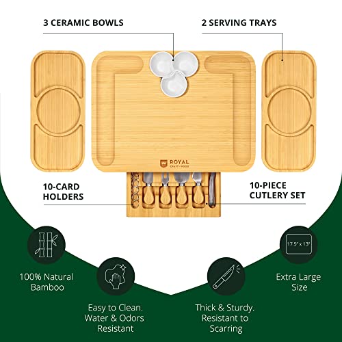 ROYAL CRAFT WOOD Bamboo Cheese Board and Knife Set with Charcuterie Board & Serving Tray with Appetizer Plates & Side Trays (17.5 x 13) - style: 5-6 Guests